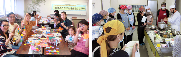 、折り紙(左)、日本料理体験（前回の様子）(右)